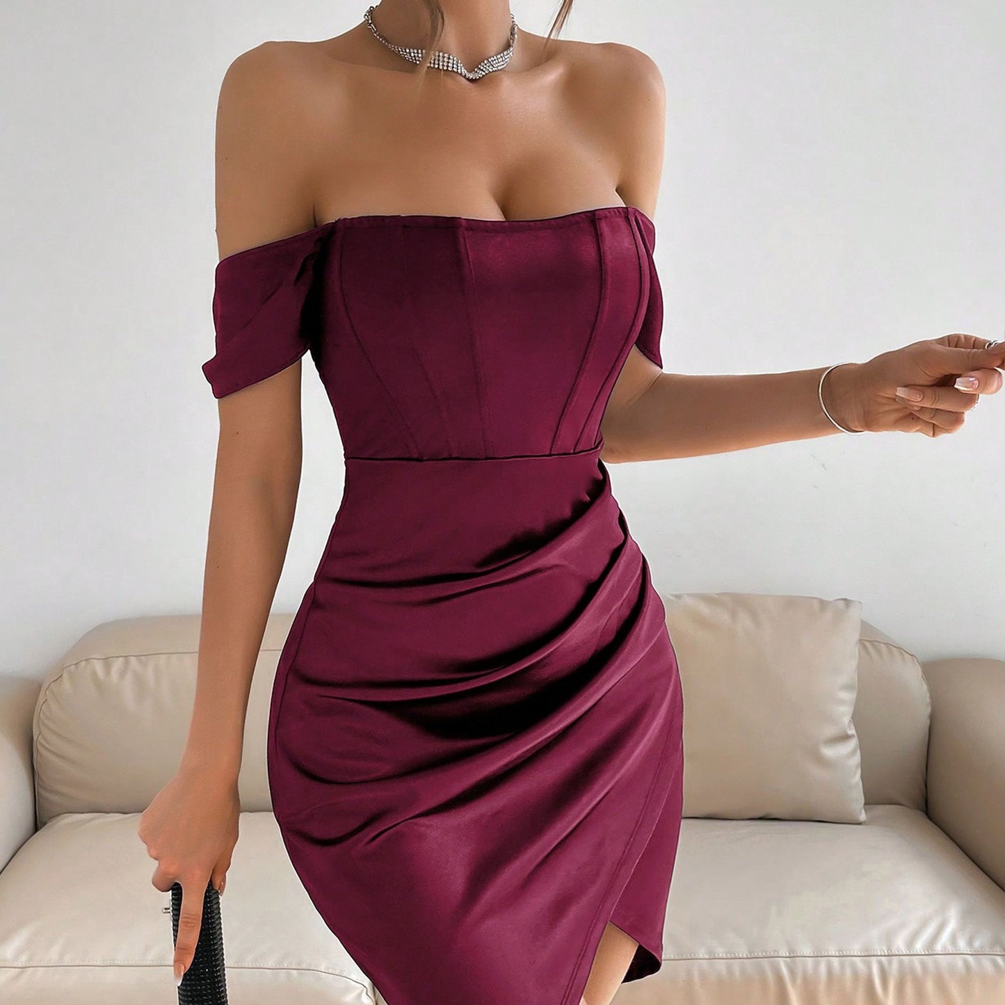 Off-Shoulder Mid-Length Dress Elegant Collar