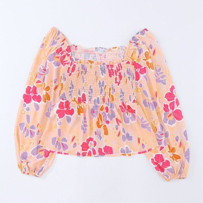 Long Sleeve Chiffon Shirt – Square Neck, Floral Print, Lantern Sleeves, Loose Fit Top