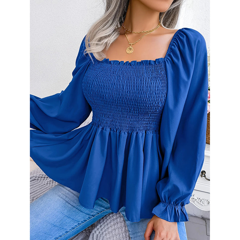 Peplum Tops Square Neck Ruffle Trim Long Sleeve Blouse Smocked Top Dressy