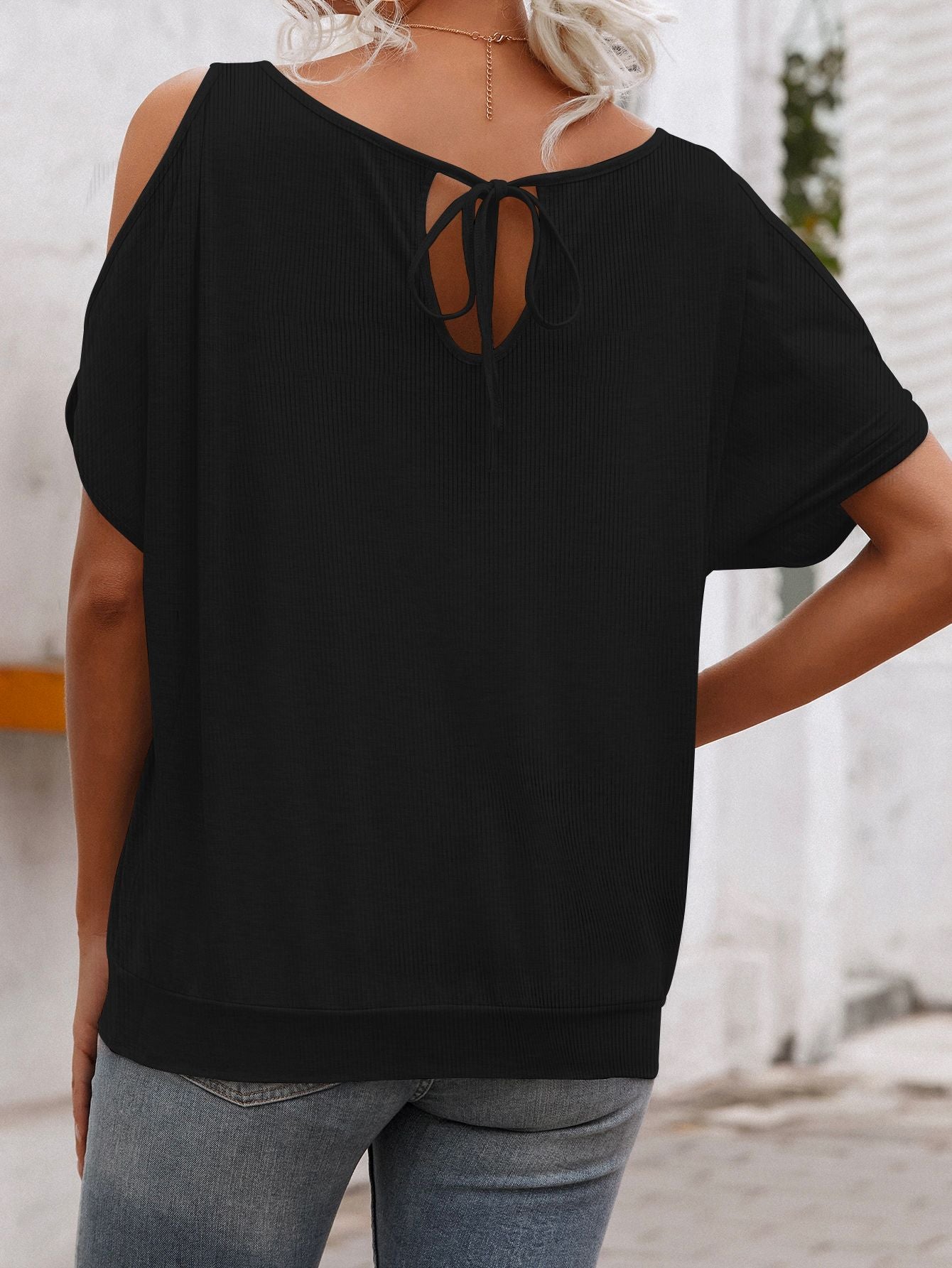 Round Neck Off-Shoulder Lace-Up Top