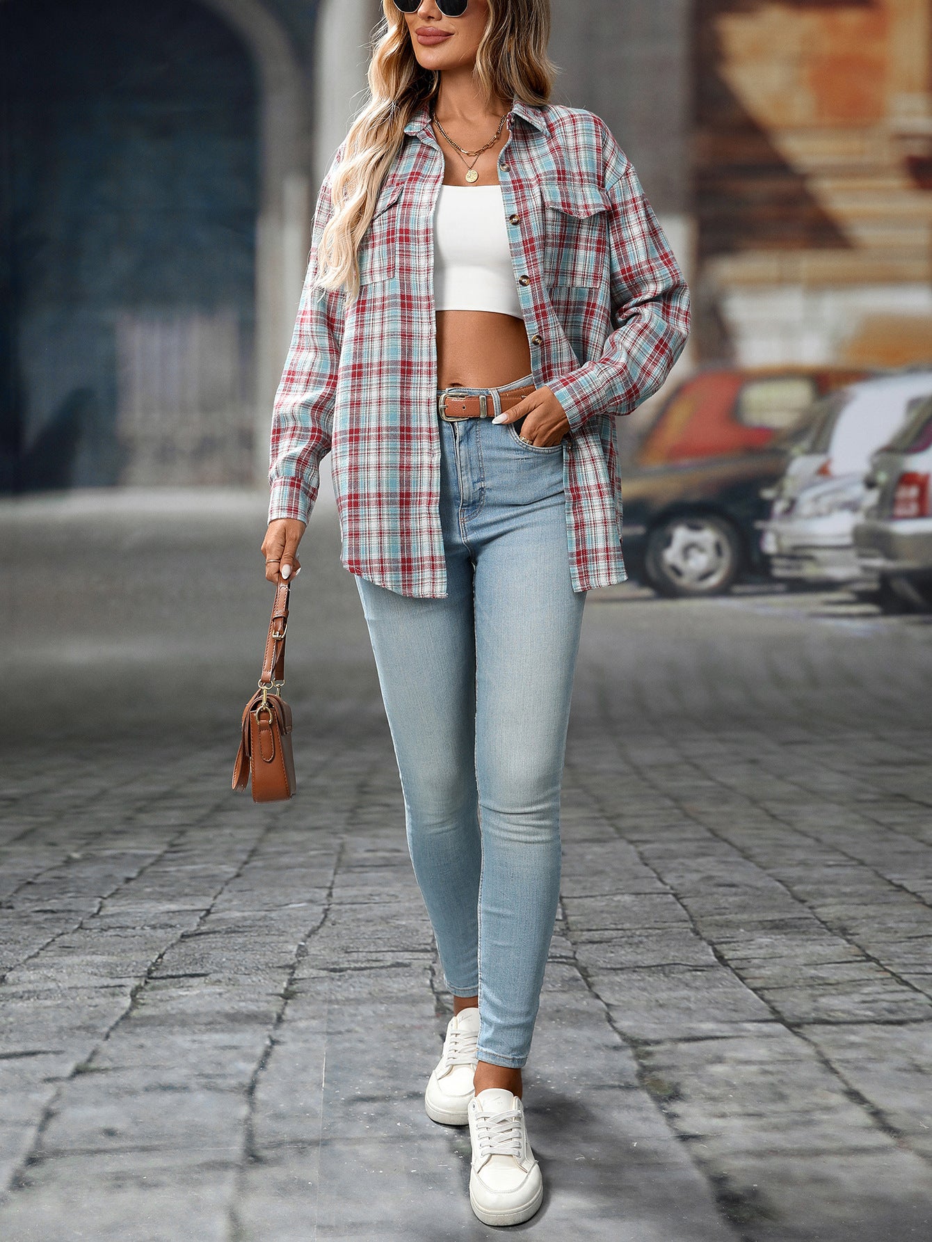 Loose Plaid Shirt Pocket Button