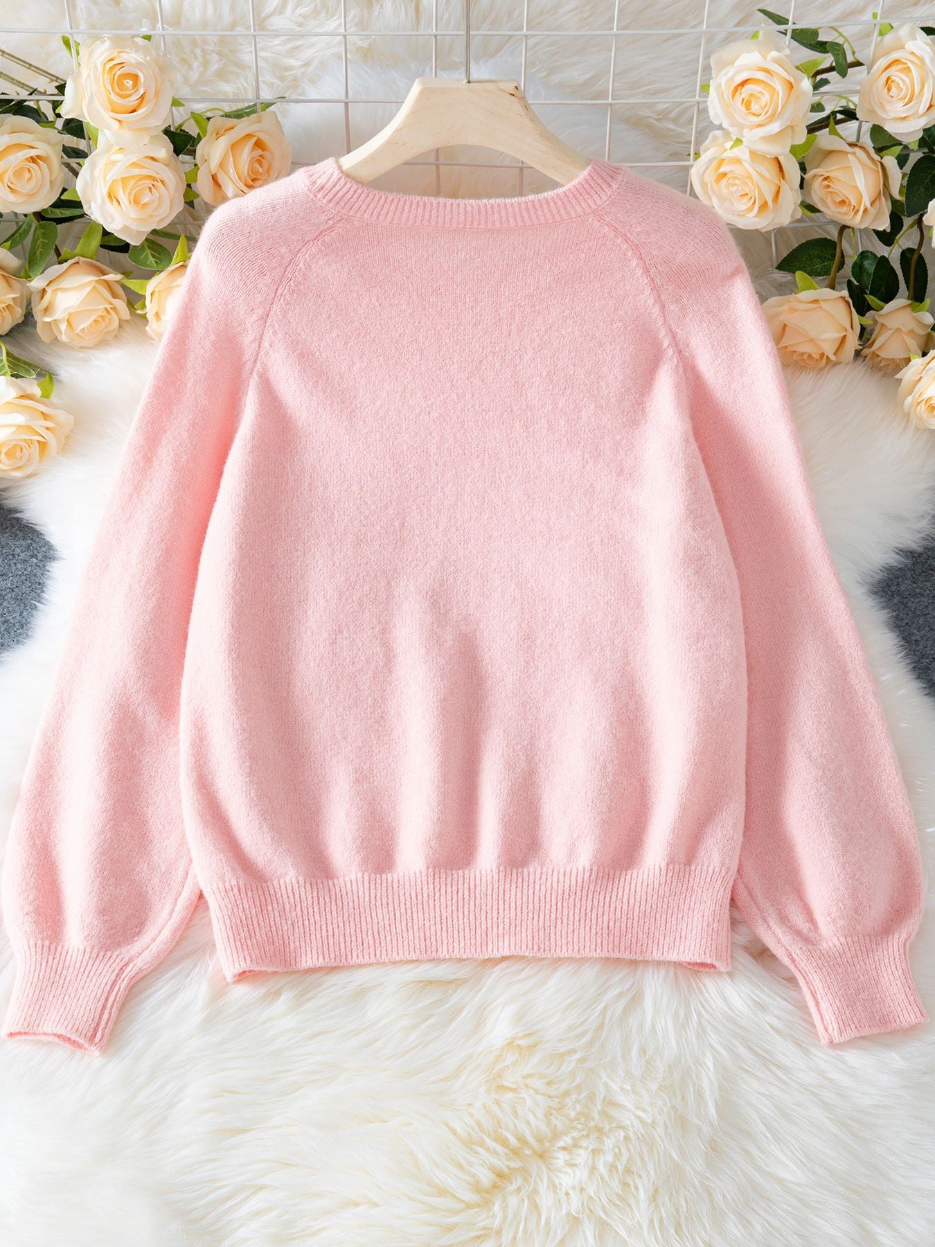 Raglan Sleeve Sweater Round Neck Button Knit Pullover