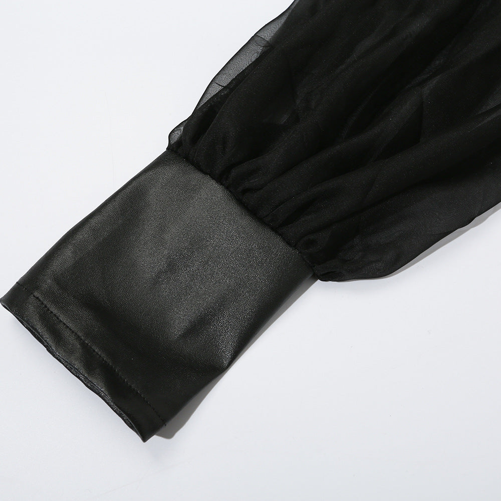 One-Shoulder Mesh Top Puff Sleeve Stitching