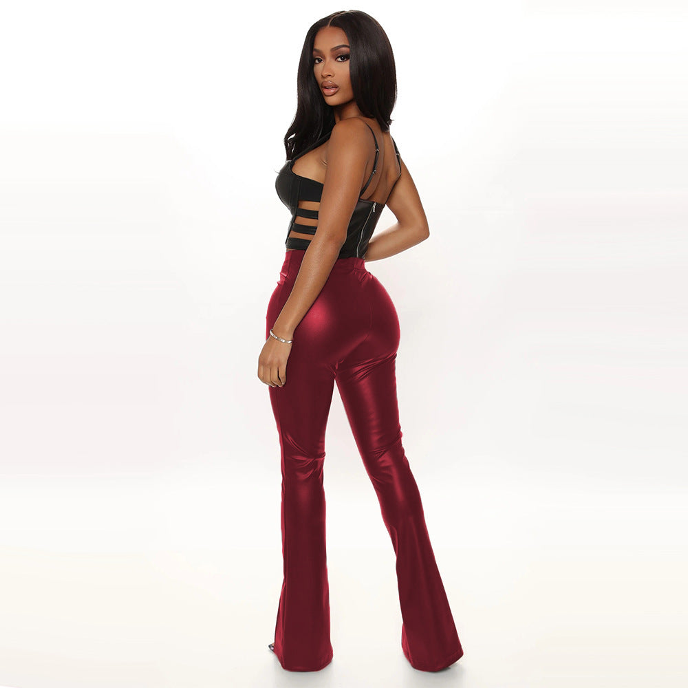 Classic High Waist Stretch Horn Split Leather Pants