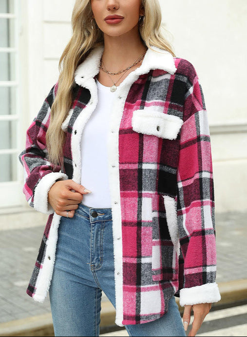 Plaid Velvet Jacket Polo Collar