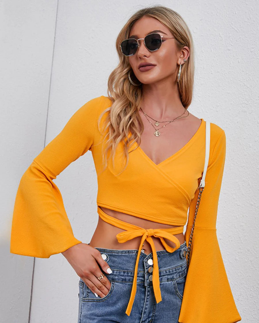 Tie Front Flare Sleeve Cropped Top