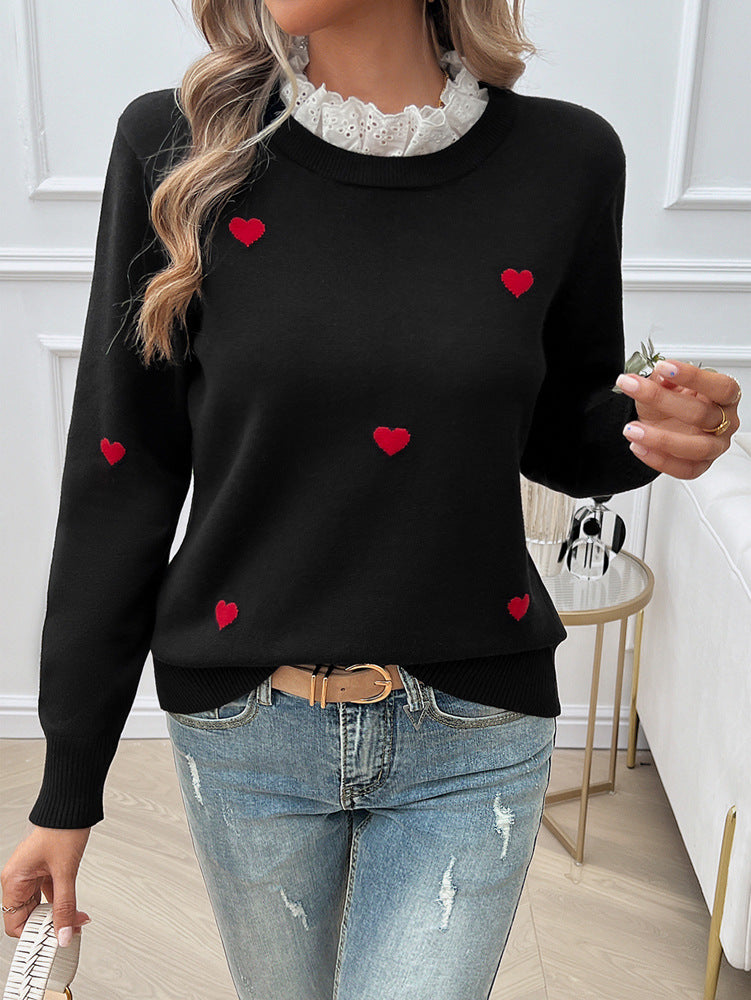 Sweet Cute Embroidered Love Sweater with Lace Collar