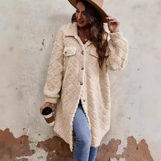 Plush Warm Coat Pocket Lapel Collar Long Sleeve Outerwear