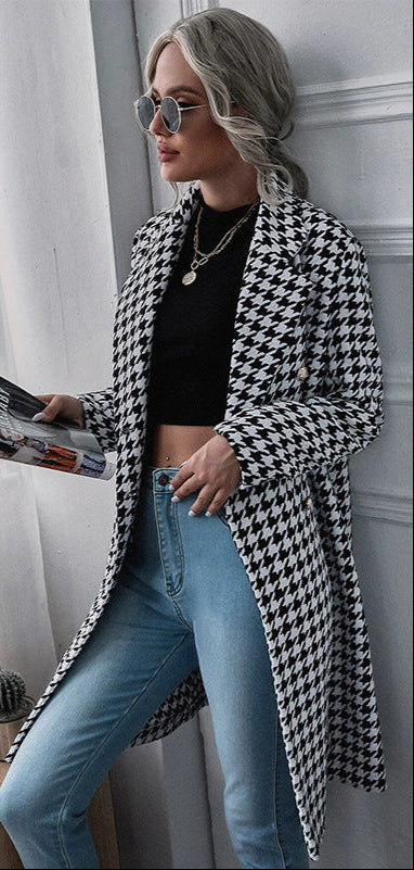 Mid-Length Houndstooth Double-Breasted Printed Jacket