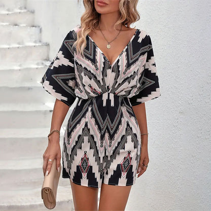 V-Neck Jumpsuit Loose One-Piece with Short Sleeves