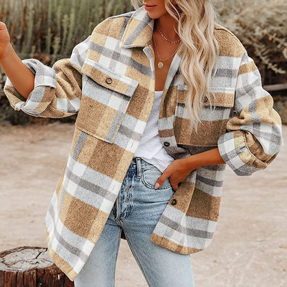 Plaid Flannel Woolen Shirt Button-Up Long Sleeve