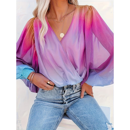 V-Neck Gradient Color Long Sleeve Blusa Loose Puff Sleeve Chiffon