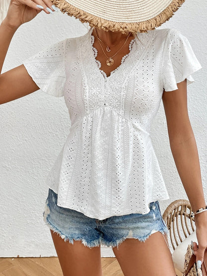 V-neck Stitching Hollow Jacquard Short-sleeved Top