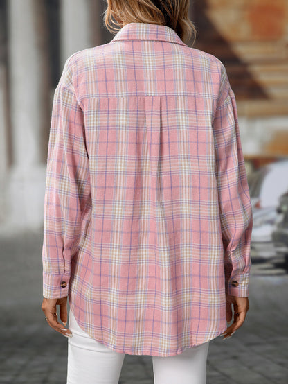 Loose Plaid Shirt Pocket Button