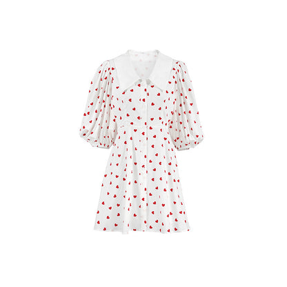 Cotton And Linen Puff Sleeve High Waist Heart Printing Dress