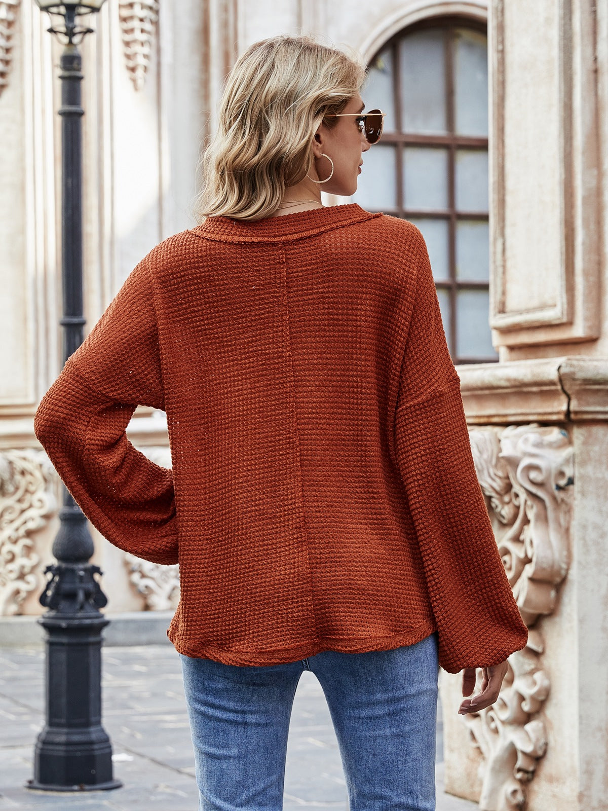 V-Neck Lantern Sleeve Shir Loose Long Sleeve Blouse