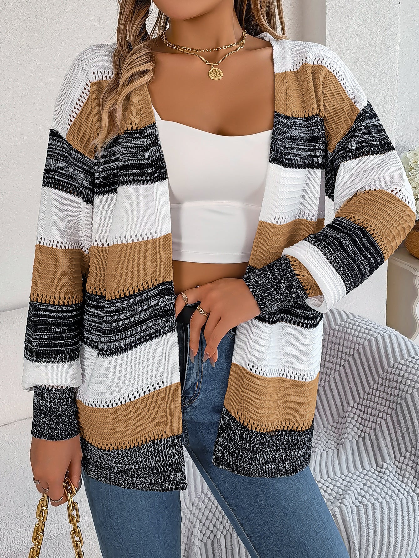 Casual Hollow Knit Contrast Color Striped Lantern Sleeve Sweater