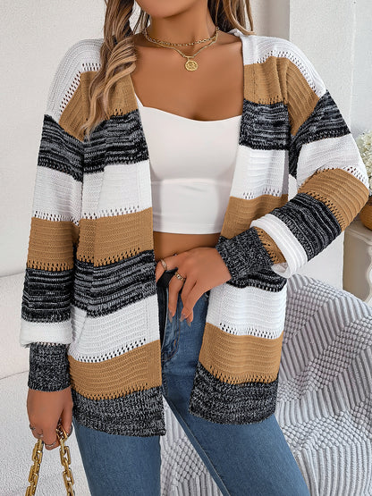 Casual Hollow Knit Contrast Color Striped Lantern Sleeve Sweater