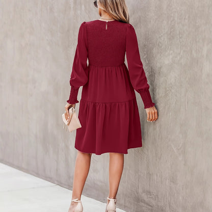 Ruffled Long Sleeve Dress Round Neck Lantern Sleeve Elegant Midi Dress