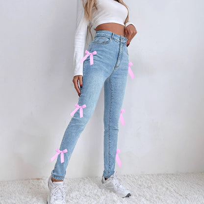 Leggings Stretch  With Soft Pink Bows Jeans