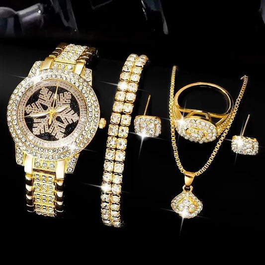 Snowflake Pattern Watch & Full Rhinestone Jewelry Five-Piece Set Luxury Wrist