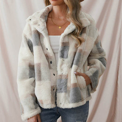Plaid Plush Lapel Jacket Warm Outerwear