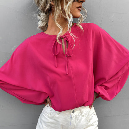 Lantern Sleeve V-Neck Loose Casual Top – Tie Front Blouse
