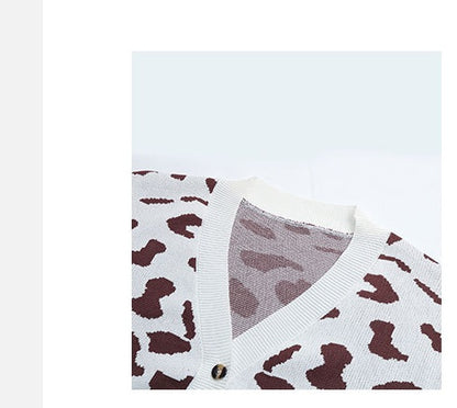 New Leopard Print V-neck Knit Sweater Coat For Women