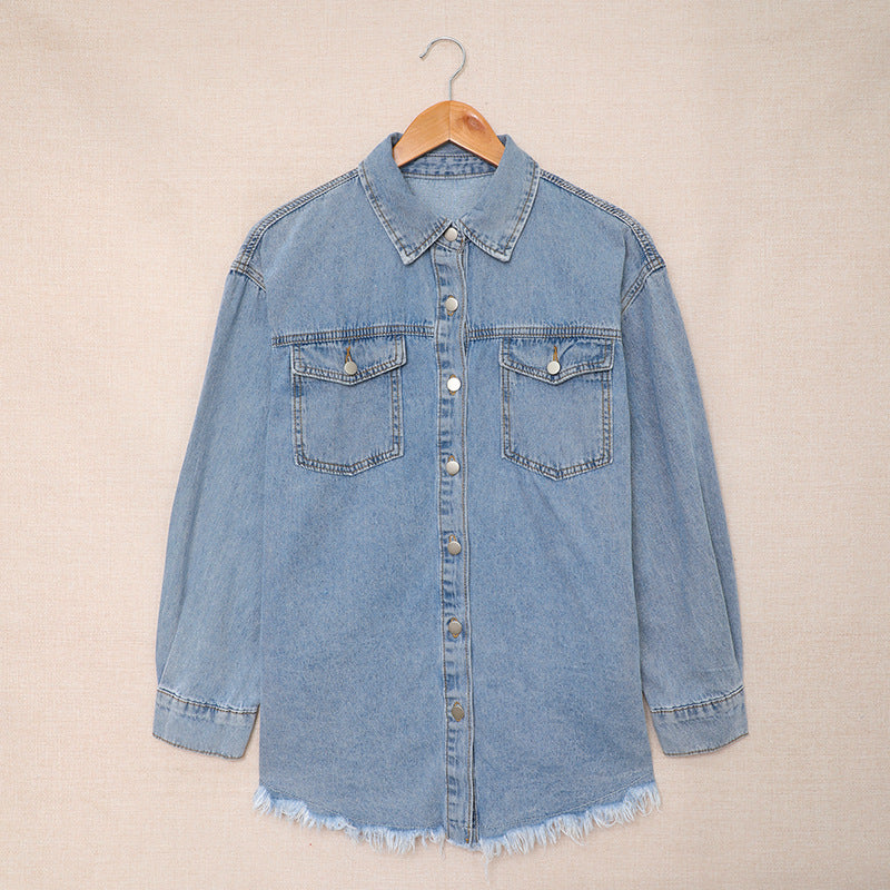 Mid-Length Denim Shirt Long Sleeve Lapel Solid Top