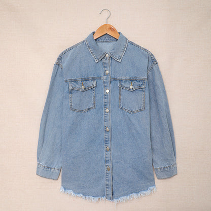 Mid-Length Denim Shirt Long Sleeve Lapel Solid Top