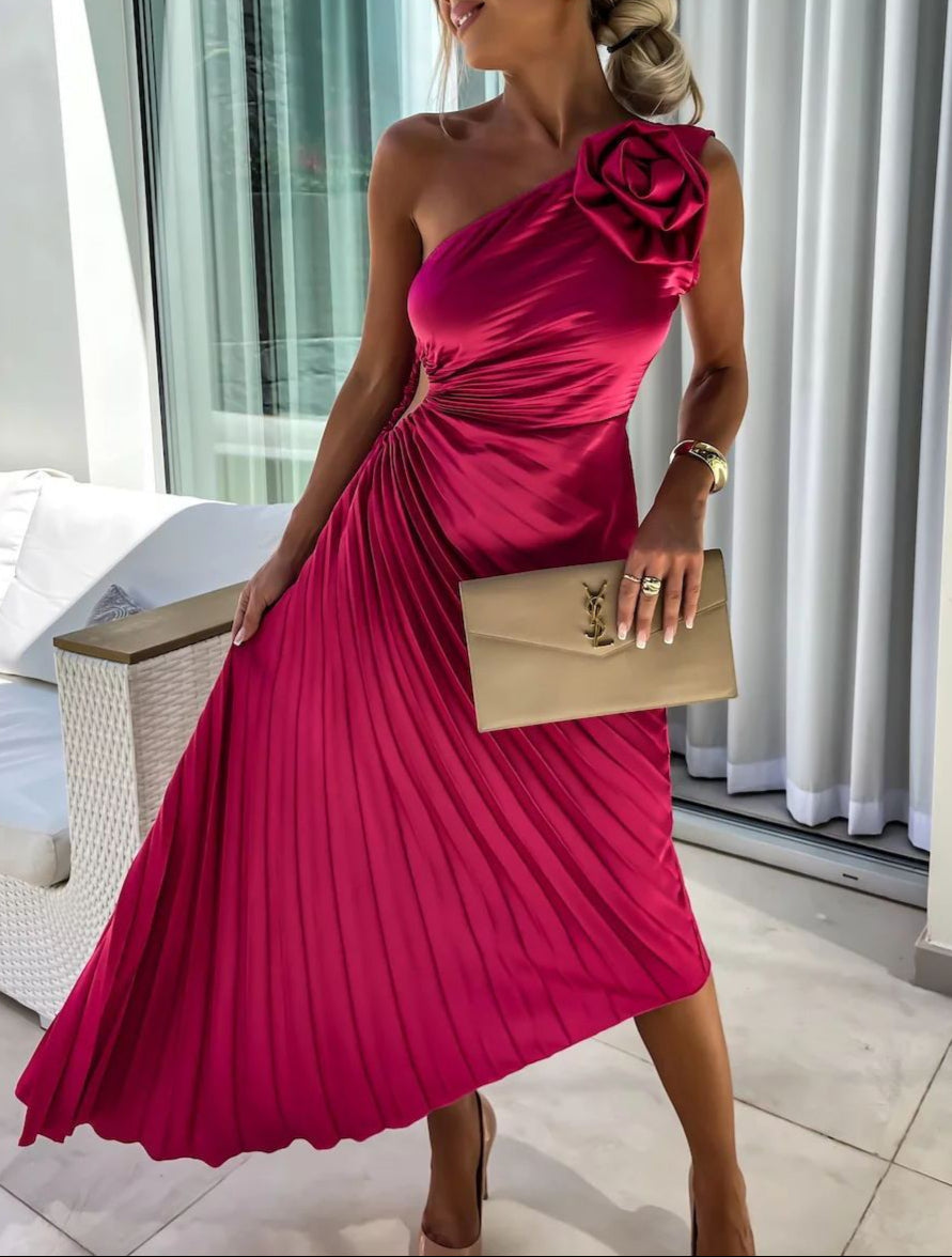 Pleated One-Shoulder Dress with Rose Flower Asymmetrical