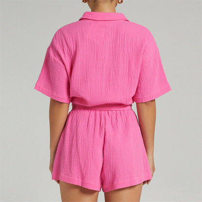 Casual Two-Piece Set – Loose Solid Color Shorts & Shirt Outfit