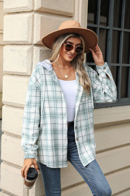 Hooded Multi-button Plaid Long Sleeve Loose Woolen Coat