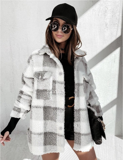 Long Sleeve Plaid Furry Double Pocket Warm
