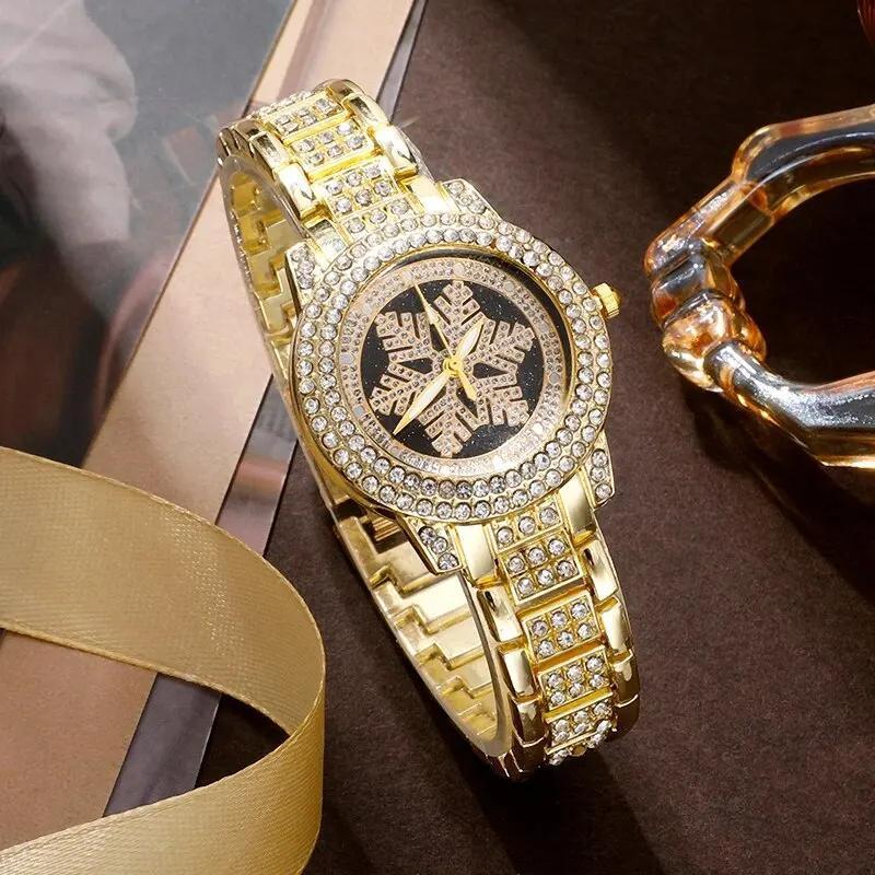 Snowflake Pattern Watch & Full Rhinestone Jewelry Five-Piece Set Luxury Wrist
