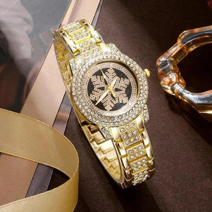 Snowflake Pattern Watch & Full Rhinestone Jewelry Five-Piece Set Luxury Wrist