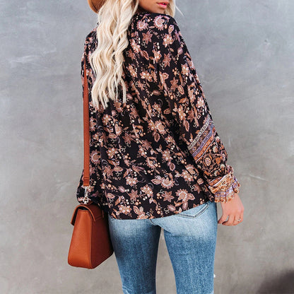 Printed V-Neck Lantern Sleeve Shirt Loose Long Sleeve Blouse