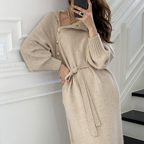 Loose Tie Waist High Neck Long Dress Elegant Casual Maxi