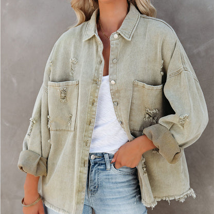 Lapel Long Sleeve Retro Street Ripped Burr Denim Coat