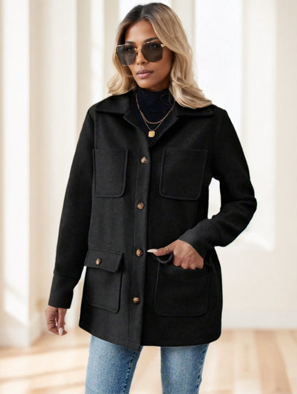 Solid Color Multi-Pocket Jacket Versatile Coat