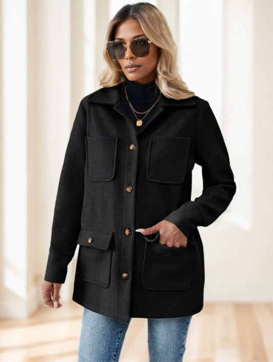 Solid Color Multi-Pocket Jacket Versatile Coat