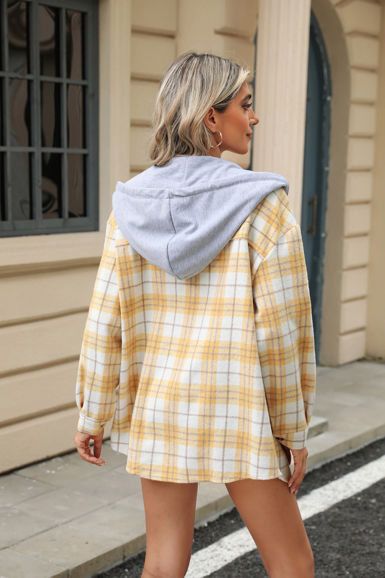 Hooded Multi-button Plaid Long Sleeve Loose Woolen Coat