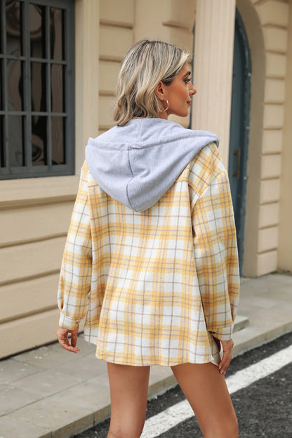 Hooded Multi-button Plaid Long Sleeve Loose Woolen Coat