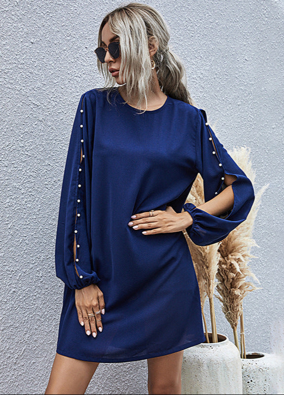 Long Sleeve Beaded Round Neck Belt Dress