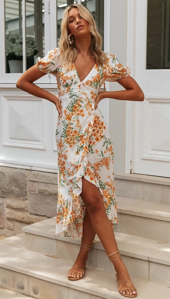V-Neck High Waist Dress Irregular Hem with Button Detail