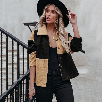 Lapel Contrast Paneled Long Sleeve Woolen Jacket
