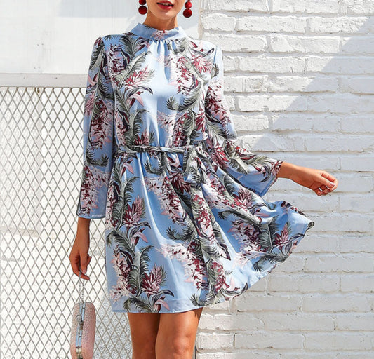 Flare Sleeve Chiffon Print Dress