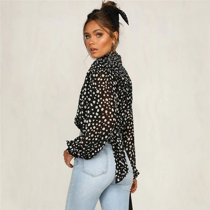Polka Dot Chiffon Blouse – Tie Back High Neck Top