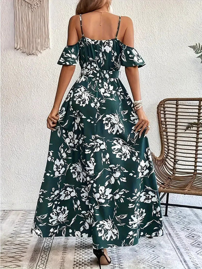 Flower Print Split Suspender Dress Lace-Up Long
