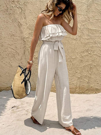 Summer Sleeveless Tube Top Jumpsuit  Ruffled Waist Tie